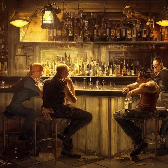 Prompt: two men sitting at a bar drinking whiskey, near future, sci - fi concept art, by greg rutkowski and norman rockwell, highly detailed, intricate details, soft lighting, studio lighting