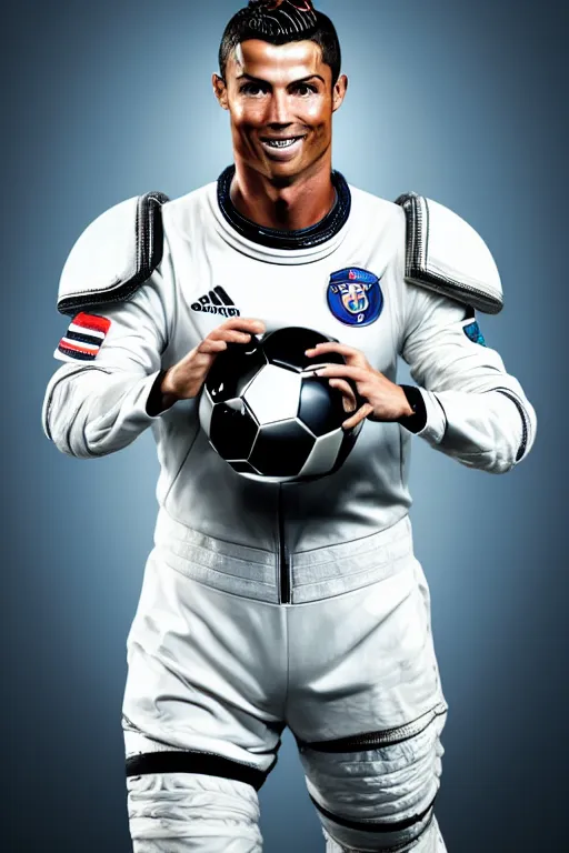 Image similar to portrait of cristiano ronaldo with astronaut armor and helmet, majestic, solemn