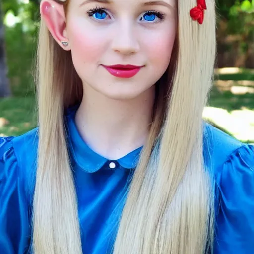 Image similar to beautiful gorgeous cute young elf princess Anna Taylor-Joy blonde hair blue eyes blushed in red dress