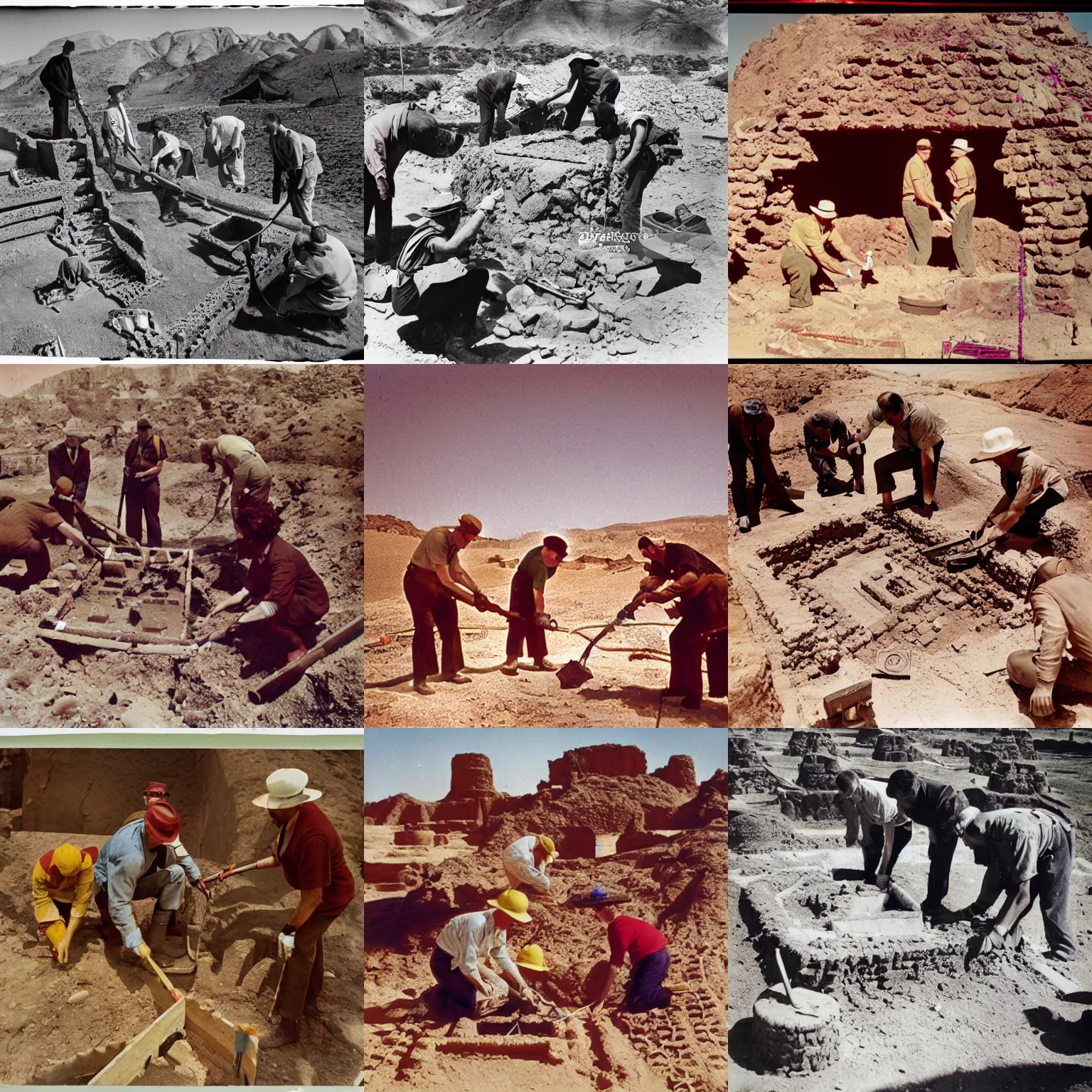 Prompt: colorful vintage film photograph of archaeologists uncovering a desert temple made of ruby glass, national geographic award winning