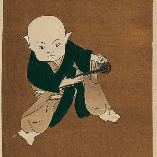 Prompt: ancient Japanese painting of baby yoda in battle