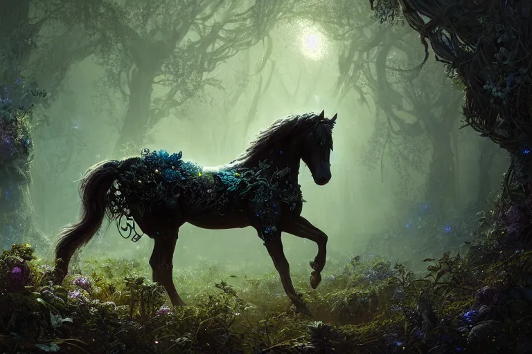 Image similar to a stunning horse made of stardust with a thick mane of bioluminescent vines and flowers running through the woods by greg rutkowski, high key lighting, volumetric light, digital art, highly detailed, fine detail, intricate, ornate, complex, octane render, unreal engine, photorealistic