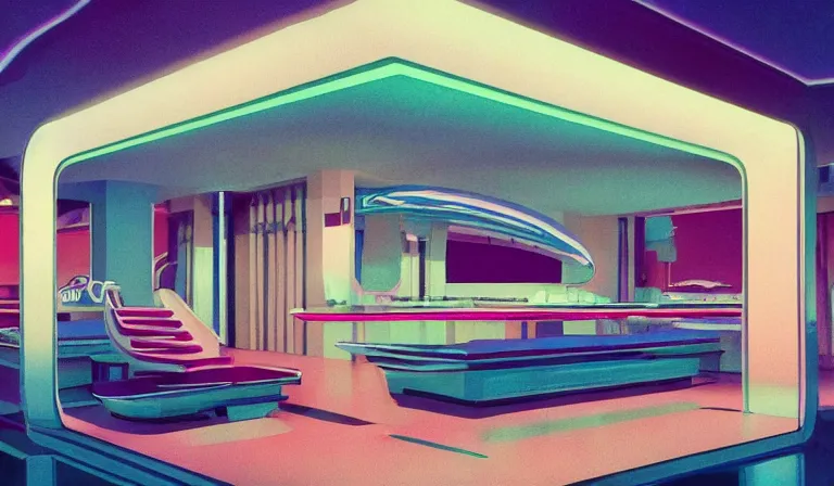 Image similar to a beautiful, sharp focus, clean lines. the interior of an art deco undersea restaurant. vaporwave ombre rendering. outrun style. fish. neon backlit jellyfish. trending on artstation. recommended for you behance. by chris moore. by edward hopper. ambient occlusion. digital matte painting. metropolis filmic. gotham city.