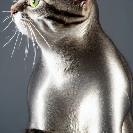 Prompt: a cat that is wearing a silver suit of armor, high quality photograph, studio lighting