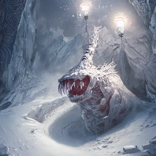 Image similar to A monster in the Arctic covered in snow, fractal Lighting, by Stanley Artgerm Lau, WLOP, Rossdraws, James Jean, Andrei Riabovitchev, Marc Simonetti, and Sakimichan, trending on artstation