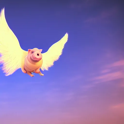 Prompt: cinematic shot of an angelic pig, floating in the air with outstretched wings, photorealistic