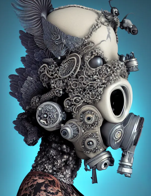 Image similar to 3 d goddess close - up profile punk portrait with vintage gas mask ram skull. beautiful intricately detailed japanese crow kitsune mask and clasical japanese kimono. betta fish, jellyfish phoenix, bio luminescent, plasma, ice, water, wind, creature, artwork by tooth wu and wlop and beeple and greg rutkowski