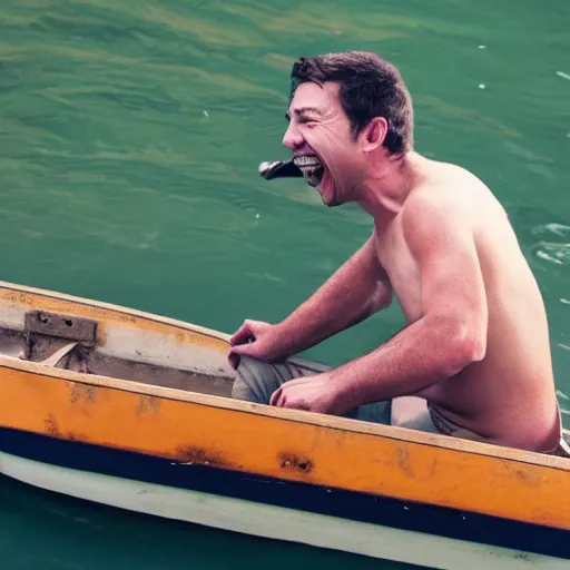 Prompt: a man sneaking onto a boat, laughing, shaking, crying