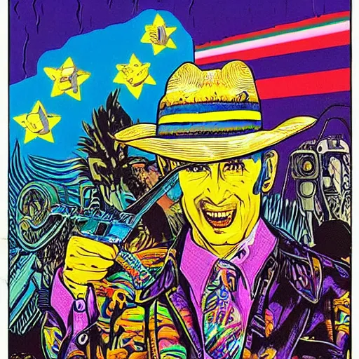 Prompt: Somewhere between Apocalypse Now and The Matrix, Cowboy Curtis on Pee Wee's Playhouse in the 80s, hyperreal intricate lifelike art by Gary Panter and Lisa Frank