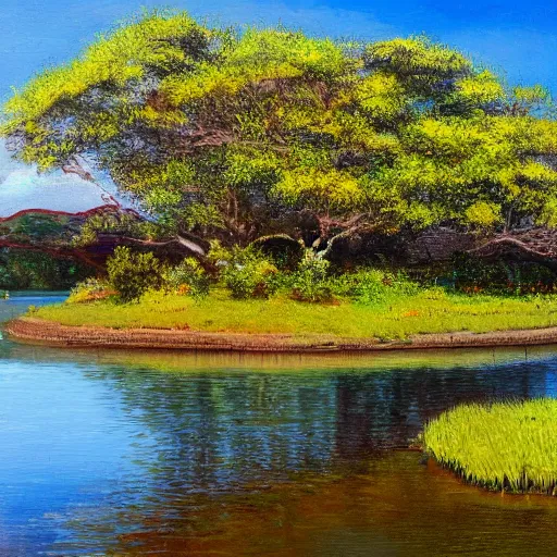 Image similar to a serene landscape of an island with tangerine trees, beside a river