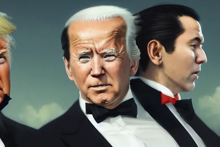 Image similar to Trump and Biden!!!!! , portrait, close shot, dark makeup, dark crown with magical ruby, painting by Studio Ghibli, Ivan Aivazovsky and Greg Rutkowski, artstation, fantasy, intricate, beautiful, cinematic, octane render, arnold render, 8k, hyper realism, detailed, sharp focus, 4k uhd, masterpiece, award winning