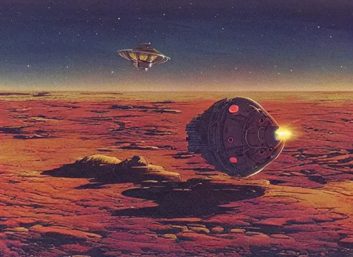 Prompt: a huge vividly - coloured spacecraft in an empty landscape by dean ellis, peter elson, chris foss, david a hardy, angus mckie, bruce pennington, 1 9 8 0 s retro sci - fi art