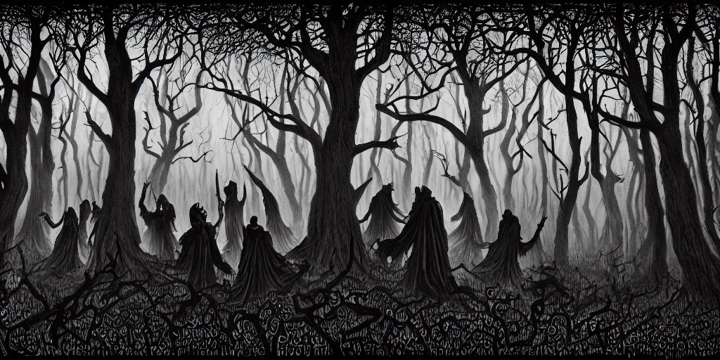 Image similar to masterpiece demons, vampires and witches dancing in the scary woods at dusk, by jeffrey smith and stanley donwood. volumetric lighting, photorealistic, intricate, trending on artstation 8 k