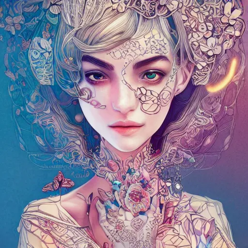 Image similar to the most incredibly beautiful and elegant and cute woman, an ultrafine detailed illustration by james jean, final fantasy, intricate linework, bright colors, behance contest winner, vanitas, angular, altermodern, unreal engine 5 highly rendered, global illumination, radiant light, detailed and intricate environment