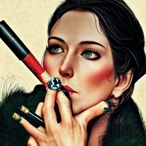Image similar to a beautiful woman smoking a cigarette as a bandit, highly detailed, sharp focus, digital painting, artwork by martine johanna + joe jusko + Victor Adame Minguez + Yuumei + Tom Lovell + Sandro Botticelli