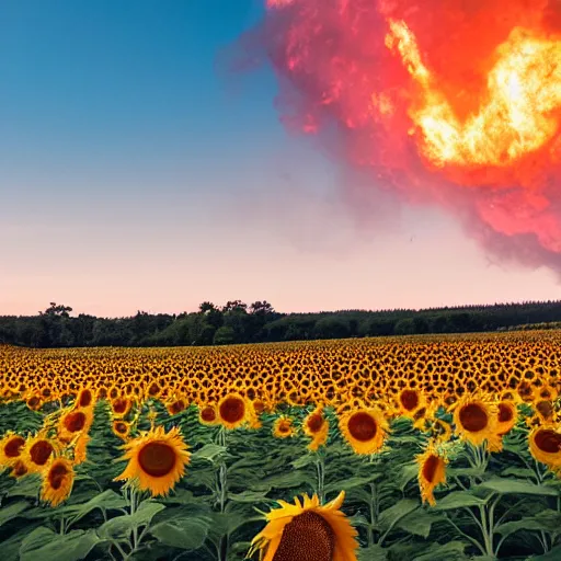 Image similar to a sunflower field is on fire in midnight