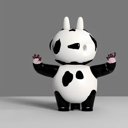 Prompt: a mechanical cow doll with big head and horns, minimalist style, metal, 3D art, in style of Baymax, smooth, 8k