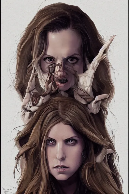 Prompt: anna kendrick in sleepy hollow, full body, big two toned eyes, teeth gritted, horror, intricate details, cinematic, epic, realistic, anatomy, tomer hanuka, uplight, artstation, photorealistic, scary