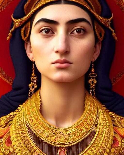 Prompt: photo of a gorgeous young yezidi woman wearing elaborate baroque jewelry and face tattoos in the style of stefan kostic, realistic, sharp focus, symmetric, 8k high definition, insanely detailed, intricate, elegant, art by stanley lau and artgerm, William-Adolphe Bouguereau