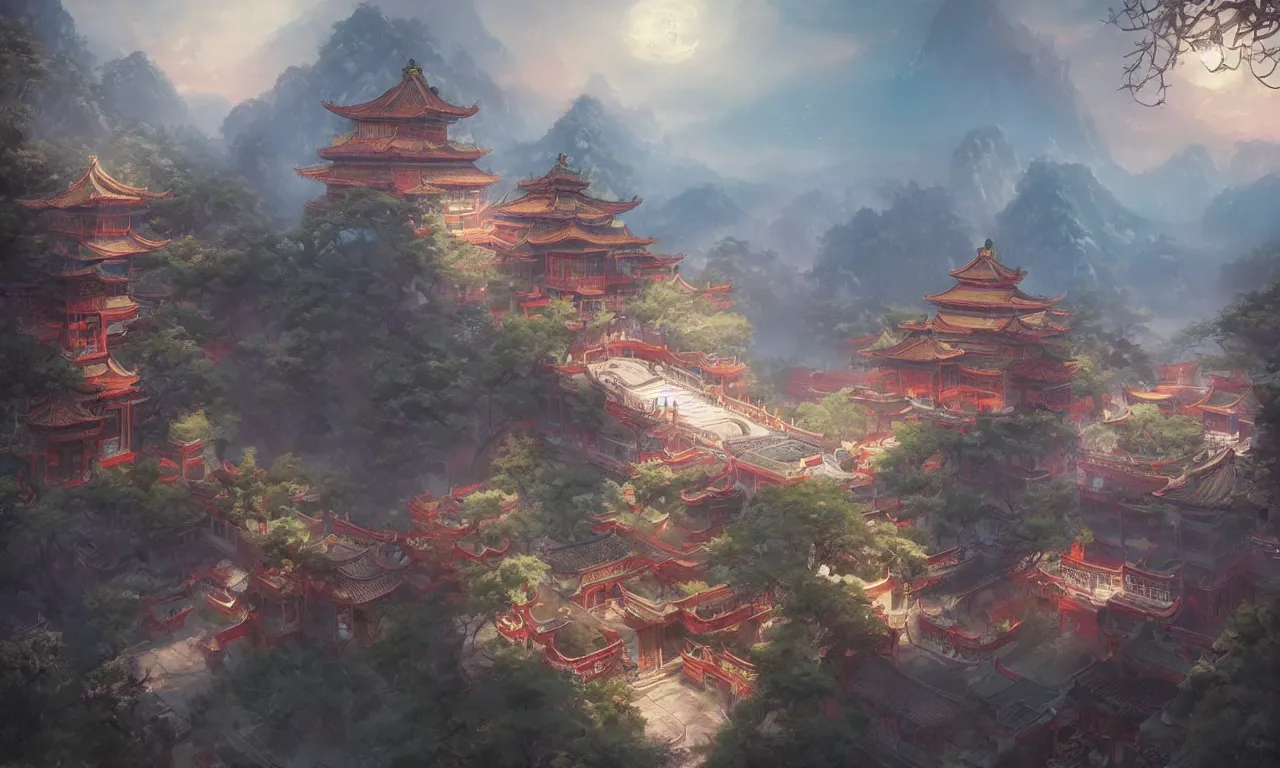 Prompt: A Chinese style splendid palace of the game concept scene original painting, super wide angle, magnificent and gorgeous atmosphere，rtx on，by Jordan Grimmer and Jonas De Ro, trending on cgsociety and artstation, unreal engine，Volumetric light，surreal