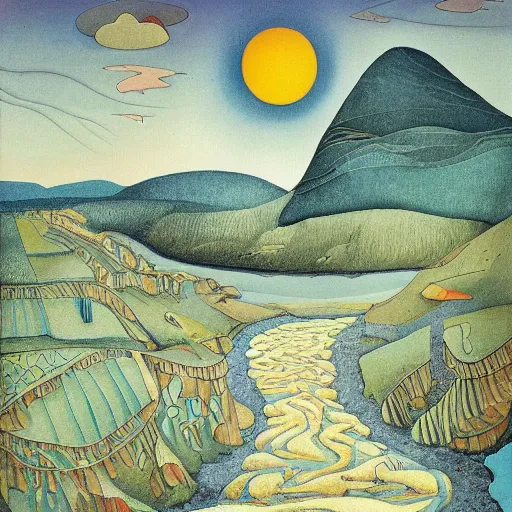 Image similar to The print is of a small village with a river running through it. In the distance, there are mountains. The sky is clear and the sun is shining. dada by Mab Graves, by Rafael Zabaleta funereal, turbulent