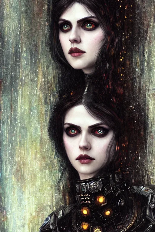 Image similar to portrait of beautiful gothic Alexandra Daddario, cyberpunk, Warhammer, highly detailed, artstation, illustration, art by Gustav Klimt