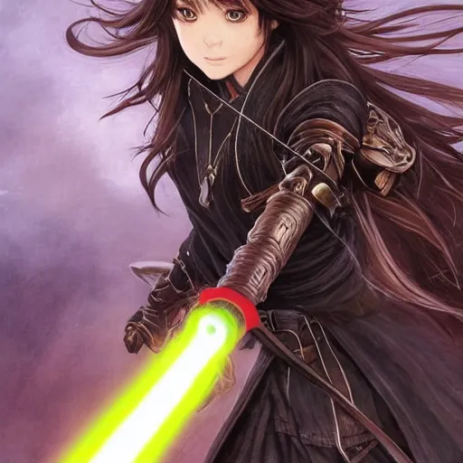 Image similar to portrait of a female Kazuto Kirigaya Kirito as young woman with brown long hair and bangs and wearing a long black coat breast-armor showing through, with light-saber, face, fantasy, intricate, elegant, highly detailed drawn by Donato Giancola and Fernanda Suarez and Artem Demura, face by Artgerm and Edmund Leighton, Alphonse Mucha, background by James Jean and Gustav Klimt, 4k, porcelain skin, komorebi, french nouveau, trending on pixiv, octane render, hyperrealistic