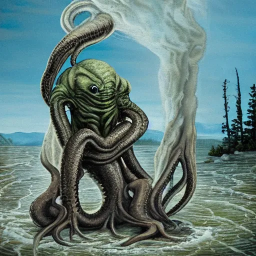 Prompt: Cthulhu emerging from yellowstone