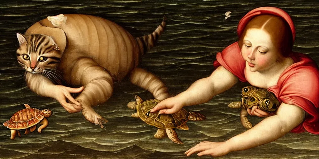 Image similar to renaissance painting of a cat on the beach playing with a turtle in the ocean