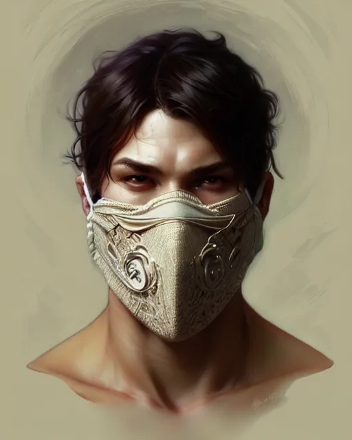 Image similar to ultra realistic illustration, a male with fabric mask, intricate, elegant, highly detailed, digital painting, artstation, concept art, smooth, sharp focus, illustration, art by artgerm and greg rutkowski and alphonse mucha