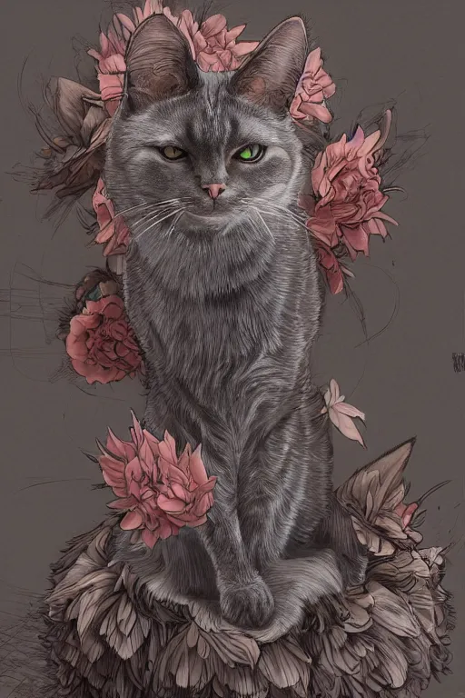 Image similar to a cat in a fancy dress, art by James Jean and Wayne Barlowe, high detail, cinematic, cgsociety 8k