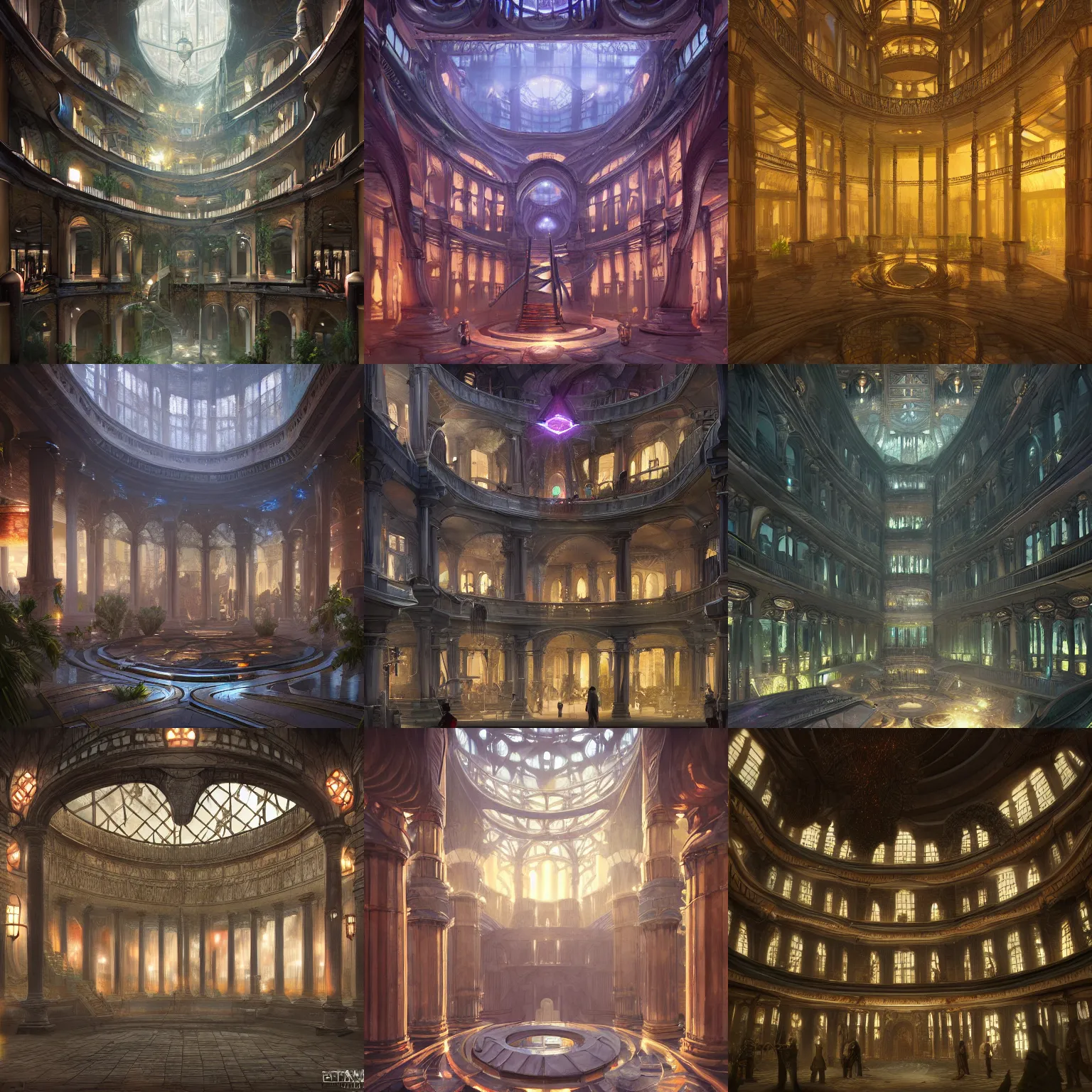 Prompt: Matte painting of the interior view of giant atrium. Various glowing portals to different locations. Fantastical, elaborate, detailed digital art trending in artstation