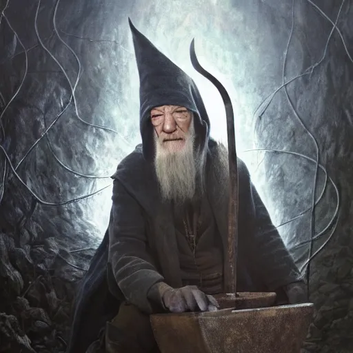 Image similar to the evil ian mckellen smithing on an anvil as gandalf in a dark viking hood playing odin all father crafting the plant of life with vines on an anvil, highly detailed, cinematic shot, cinematic lighting, 8 k, exquisit facial detail, magical realism painting, chiaroscuro, dark painting.