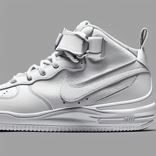 Prompt: all white, 3 d airforce 1 product photo with leather embellishments, distorted nike tick, 3 d bubbles from raf simons ozweego, product render, design sample, octane render, high definition, sneaker photography, photorealistic