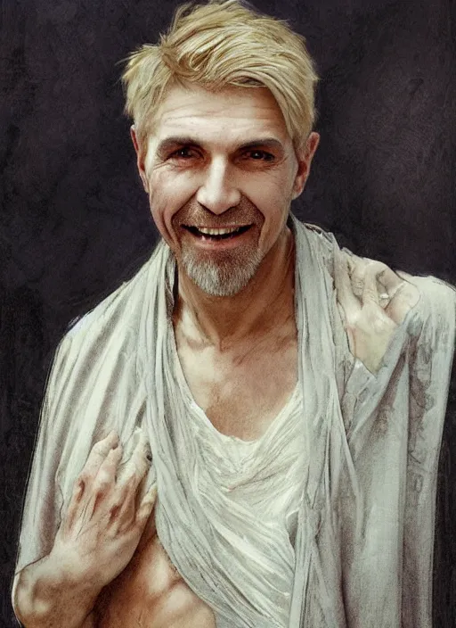 Prompt: a man in his 4 0 s with blonde hair and a friendly smiling face and scars on his arms. he is wearing a tattered grey cloak. portrait painting by artgerm and greg rutkowski and alphonse mucha.