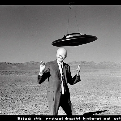 Image similar to president eisenhower aboarding a ufo in the desert as high ranked government officials are watching, black and white old photo