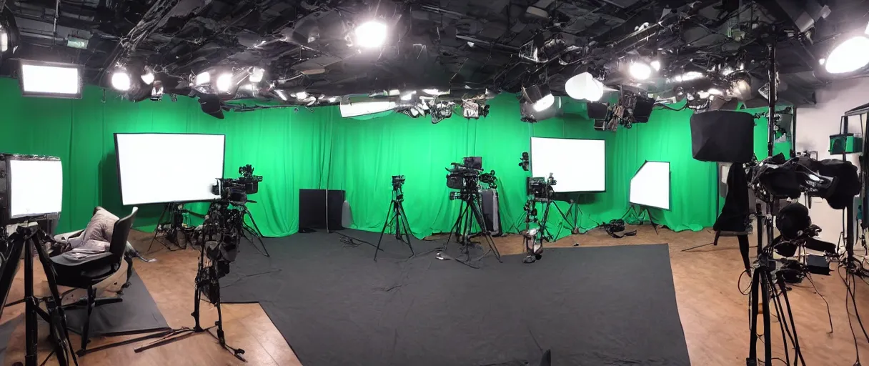 Image similar to photo of a movie set, green screen in the back, 4 cameras in the front, studio, movie set, realistic, studio lighting