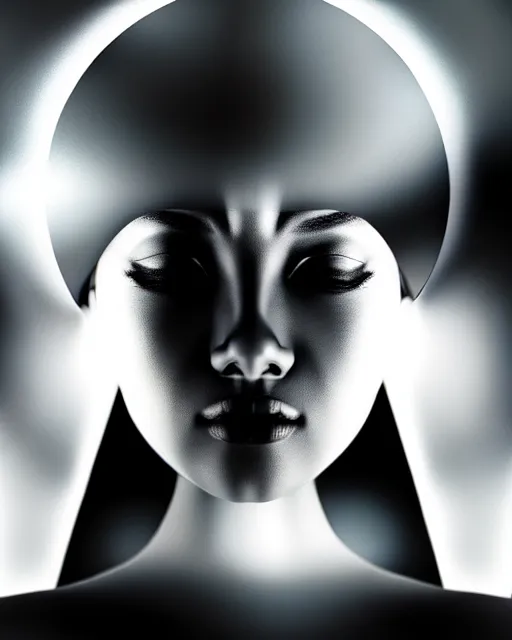 Image similar to black and white high quality photo of a beautiful futuristic female human-AI-queen looking into a sci-fi mirror:: volumetric lighting, liminal space, brutalism, foggy, dreamy, hyperdetailed, bokeh, photorealistic, cinematic, masterpiece, Metropolis, elegant, dark, octane render, 8K, photograph taking in 1910