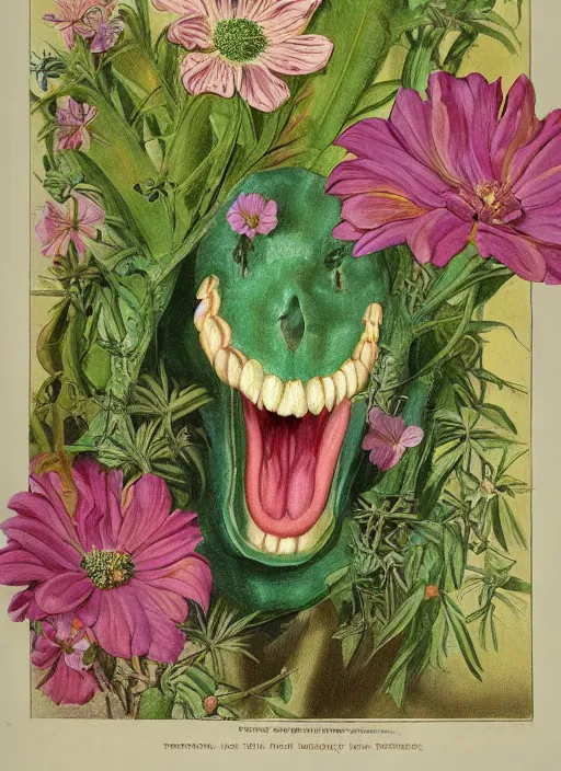 Prompt: fantasy scientific botanical illustration of colorful flower with a big female mouth