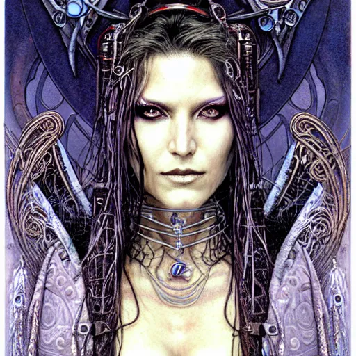 Image similar to a portrait of a female art nouveau cyberpunk shaman by ted nasmith and luis royo