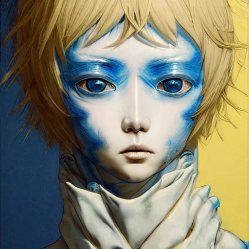Prompt: prompt : ivory and blue and black portrait soft light painted by james jean and katsuhiro otomo and erik jones, inspired by evangeleon anime, smooth face feature, intricate oil painting, high detail illustration, sharp high detail, manga and anime 1 9 9 9