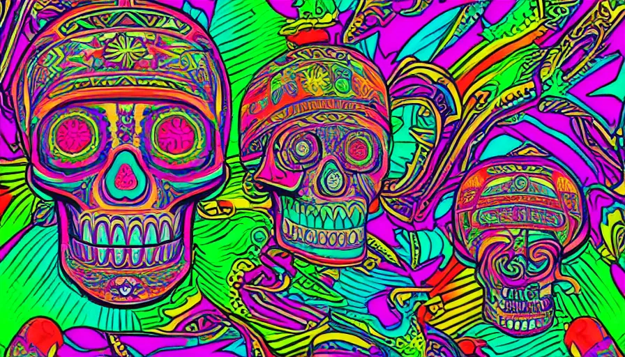 Image similar to single psychedelic aztec skull outrun style