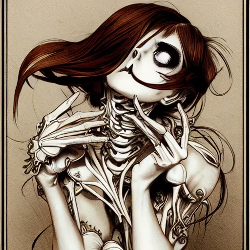 Prompt: anime manga skull portrait young woman skeleton, intricate, elegant, highly detailed, digital art, ffffound, art by JC Leyendecker and Turner 1860
