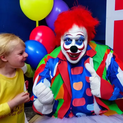 Image similar to boris johnson as a clown at a child's birthday party, clown, funny