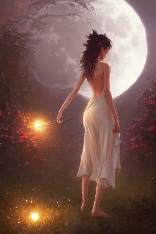 Image similar to a beautiful painting of garden, moon, girl, by greg rutkowski, trending on artstation