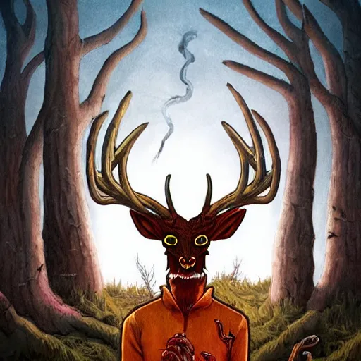 Image similar to 4 k headshot portrait of a psychedelic demonic anthropomorphic deer - horned wendigo smoking a hand - rolled cigarette smoking heavily, magic mushroom village in background. award winning. superb resolution. in the art style of junji ito and greg rutkowski. detailed mushroom city in background. hyper realistic anime. perfect art. dalle 2