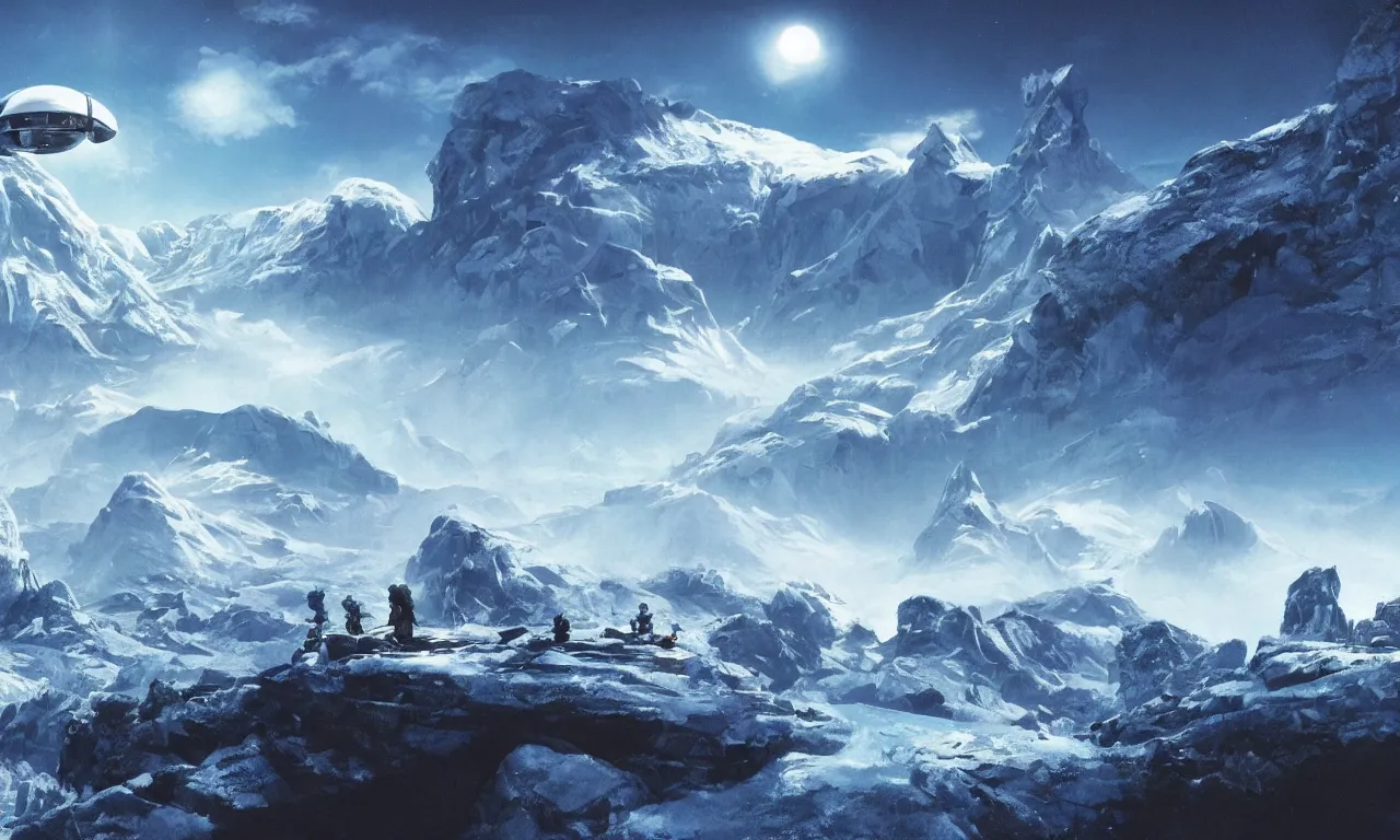 Image similar to frozen planet with mountains in clouds on the background, ravine in front, science-fiction, cinematic lighting, cinematic angle, Syd Mead, Federico Pelat, daylight, blue sky, spaceship in the sky