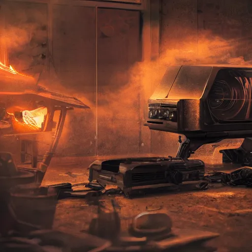 Image similar to head of toaster oven mecha, dark messy smoke - filled cluttered workshop, dark, dramatic lighting, orange tint, cinematic, highly detailed, sci - fi, futuristic, movie still