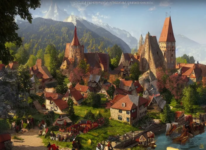 Image similar to ! dream a [ medieval ]!! german village with people selling various items, sitting on stiffly vivacious mountain ridges, trending on artstation, 4 k quality, polycount