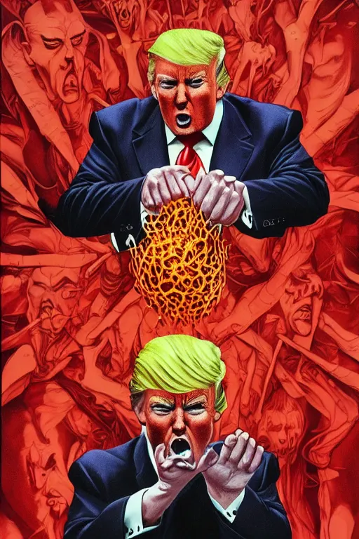 Prompt: donald trump consumes the world, disgusting, horror, high details, intricate details, by vincent di fate, artgerm julie bell beeple, 90s, inking, vintage 90s print, screen print